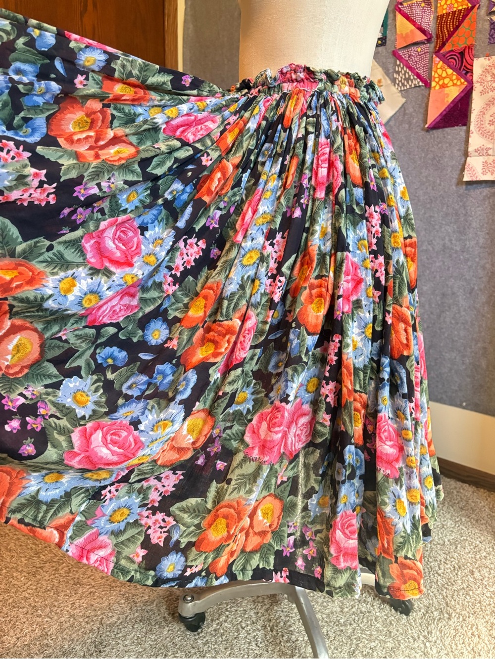 Vibrant Floral Black Gathered Skirt